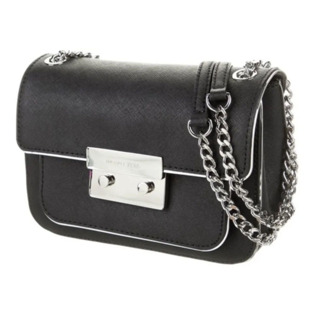 Michael Kors Sloan Specchio Silver Black Saffiano Leather Crossbody - Picture 1 of 6